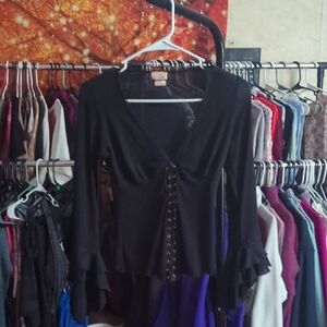 Taka Black Lace-Up Blouse with Ruffled Sleeves